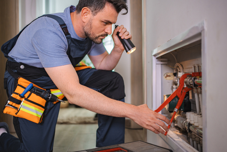 Plumber working on pipes, using flashlight and wrench. commercial plumbing preventative maintenance